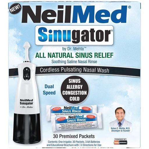 [BRSWYBTYOUCB4DI2] NeilMed Sinugator Cordless Pulsating Nasal Irrigator (Dual Speed) with 30 Premixed Packets and 3 AA Batteries - Black (Pack of 1)