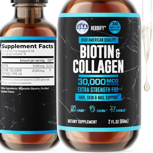 [BRSRMYIPOYHAIFIZ] HERBIFY Liquid Biotin and Collagen Drops for Women & Men, 30 Days of Supply - Support Hair, Skin & Nails - Liquid Collagen for Women - 2 FL Oz Made in USA