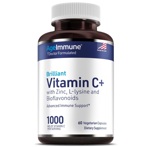 [BRSWKHQTDEPWYGQU] AgeImmune Vitamin C 1000mg Complex with L-Lysine 500mg, Zinc 12mg, Bioflavonoids 300mg. Doctor Formulated Magnesium Stearate Free Supplements for Healthy Immune System Support.(1)