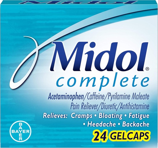 [BRSWIYYOOQMAMFL2] Midol Complete Gelcaps, 24-Count Boxes (pakke med 4), emballasje May Vary