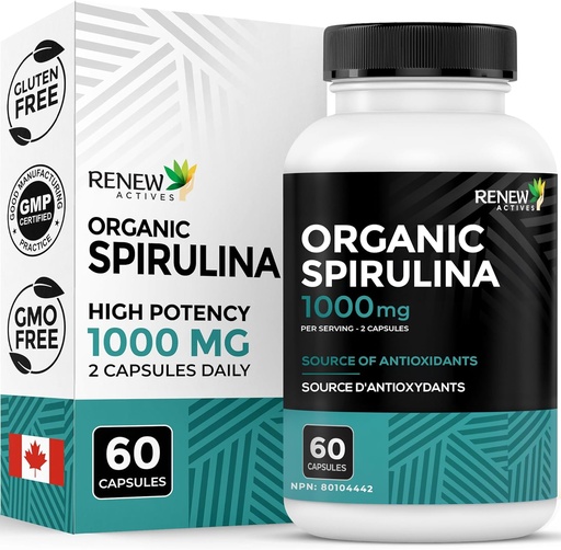 [BRSWYGLRC4IBYALG] Renew Actives Organic Spirulina 1000MG per 2 Capsules – Superfood for Men & Women – Supports Energy, Wellness & Immune Function – Rich in Antioxidants & Nutrients – Made in Canada – 60 Capsules