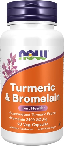 [BRSWIYYHO4DROELM] תוספי מזון עכשיו, Turmeric & Bromelain (Standardized Turmeric Extract) עם Bromelain 2400 GDU /g, 90 Veg כמוסות