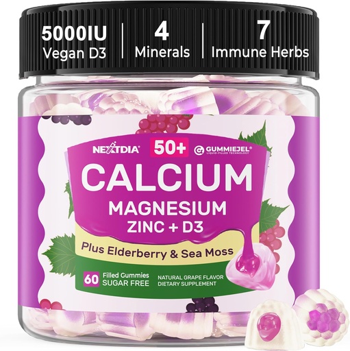 [BRSRAAAKOF4GGDTD] Kalcium-kiegészítők Gummies nők és férfiak 50 +, kalcium-citrát 1000mg-mal D3-vitamin, Magnézium, Cink, Elderberry, magas abszorpció Kalcium sajtok csontsűrűség, Relax izom, Immun, Vegán 60cts