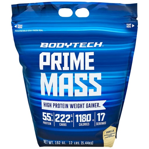 [BRSWEC3QOAAQ4CYZ] BodyTech Prime Mass - High-Calorie Mass Gainer - Supports Muscle Growth & Weight Gain - Vanilla (12 lb, 17 Servings)