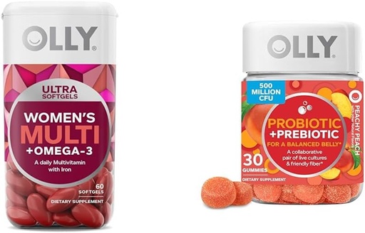 [BRSROAIKBUIA223Z] OLLY Ultra Women's Multi Softgels & Probiyotik + Prebiyotik Gummy, Digestive Support and Gut Health, 500 Milyon CFUs, Fiber, Yetişkin Chewable Supplement for Men and Women, Peach, 30 Day Supply - 30 Count
