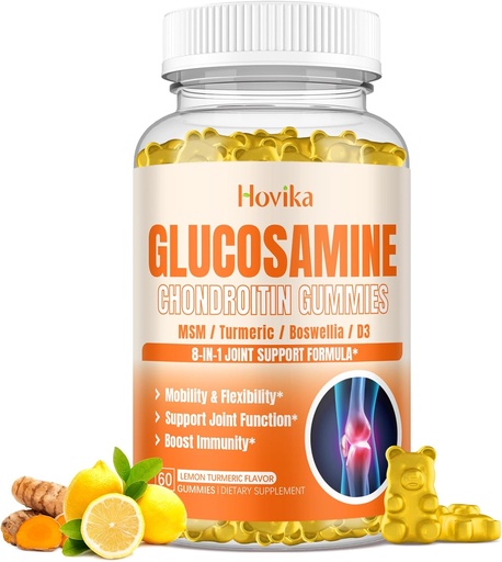 [BRSROBT4AQCQMAD4] Glucosamina Chondroitin MSM Gummies 1500mg - Suplemento de Soporte Conjunto con Turmérico, Boswellia, Vitamina D3, Acido Hialurónico, Antioxidante, Apoyo Inmunitario para Adultos, Hombres &amp; Mujeres Vegan, 60 Gummies