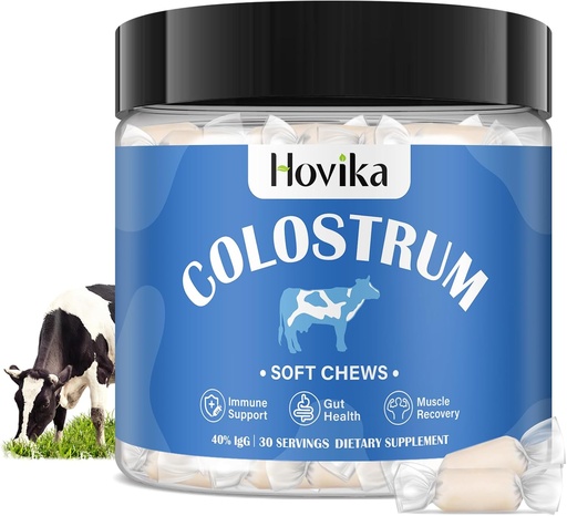 [BRSROAYHAUAQY3IZ] Pure Bovine Colostrum Supplement, 40% IgG Bovine Colostrum for Humans-3000mg Colostrum Soft Chews for Gut Health, Supporto immunitario, Muscle Recovery-Grass Fed, 30 Servings