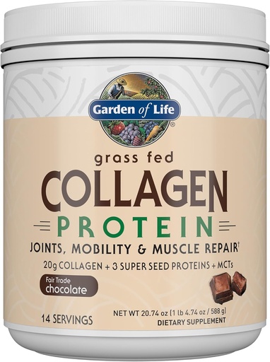 [BRSWYY32BF7BAFL5] Garden of Life Grass Fed Proteína de Colágeno em Pó - Chocolate, 14 Servings, Pó para Reparo Músculo de Mobilidade Juntas, Colágeno Peptídeos + Super Sementes + Coco MCTs, Keto Suplemento
