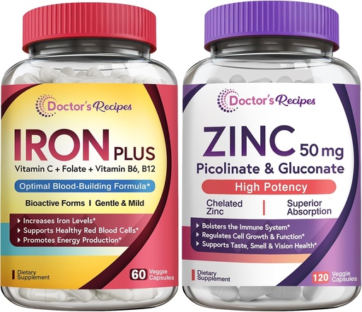 [BRSRAAIZBMHQ2FLX] Doctor's Recipes Iron and Zinc Bundle - Energy, Blood Support, Immune Health for Men & Women, High Absorption, Non-GMO