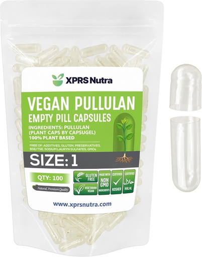 [BRSW2AIEOVYBEFDV] XPRS Nutra Size 1 Pullulan Empty Capsules - 100 Count Clean Label Plantcaps Clear Empty Vegan Capsules - Premium Vegetarian Pills - Do-It-Yourself Vegetable Capsule Filling