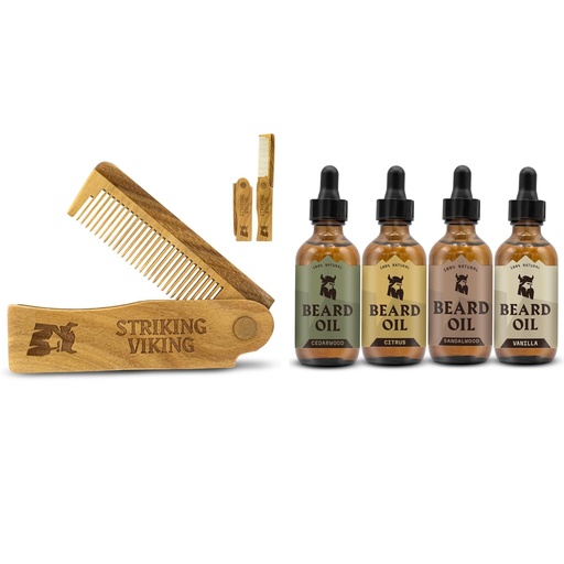 [BRSWYGT6AQOW2CAZ] Beard Folding Wooden Comb and 4 Pack Beard Oil for Men - By Striking Vikings