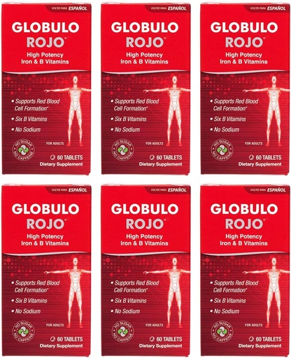 [BRSWIYL6OIPBUYDY] Globulo Rojo Iron Supplement - Dietary Supplement Pills with High Potency Iron & B Vitamins, 60 Tablets - 6 Pack