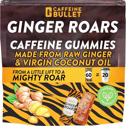 [BRSROCD2DF6GKGYZ] Ginger Roars - 60 Energy Gummies - Vegan Caffeine Chews Jede 33mg, Hergestellt mit einem Tasty, Natural Fiery Kick für verbessertes Laufen, Radfahren, Preworkout & Focus.