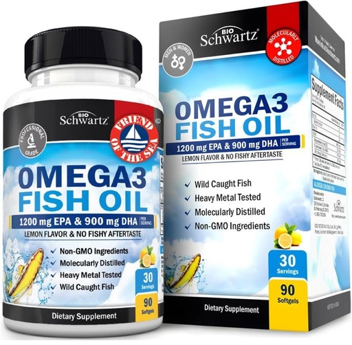 [BRSWGZT6AR5GKETL] Triple Strength Omega 3 Fish Oil 3000mg - High Potency Omega 3 Supplement for Women and Men, Burpless Lemon Flavor Fish Oil - 2250mg Essential Fatty Acids with DHA & EPA, Wild Caught, 90 Softgels