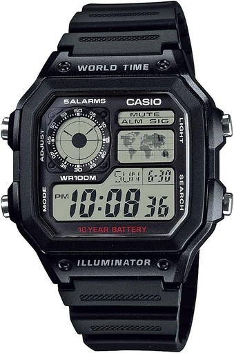 [BRSWI235AF7G2CLM] Casio AE1200WH Series | Men’s Digital Watch | 100M WR | Multi Alarms | 100 SEC Stopwatch | Countdown Timer | World Map for World Time | LED Light | LC Analog Display | 10 Year Battery