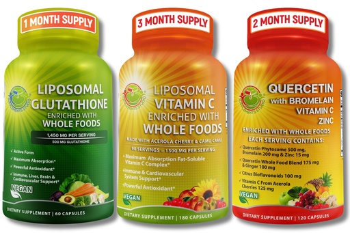 [BRSRAYLYCIPWKGTB] SUPPLEMENTS STUDIO High Absorption Antioxidant & Immune Support Bundle – Liposomal Vitamin C 1500mg + Glutathione 500mg + Quercetin with Bromelain, Zinc & Whole Food Blend – Vegan, Non-GMO Capsules