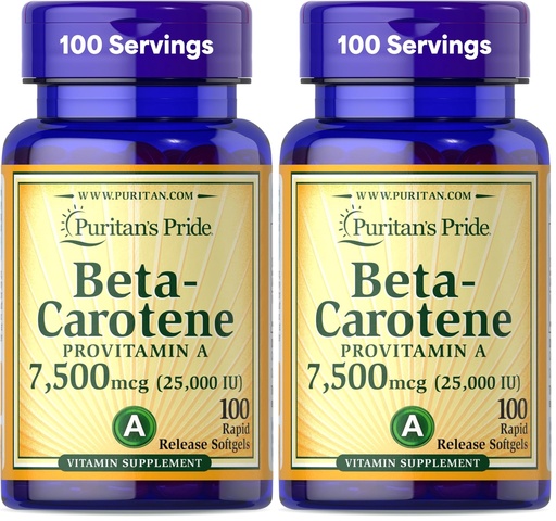 [BRSRAY35DEMRU2AV] Puritan's Pride Beta Carotene Provitamin A 7,500mcg (25,000 IU), Vitamin Supplement for Immune System, Antioxidant and Eye Health Support, 100 Day Supply, 100 Rapid Release Softgels (Pack of 2)