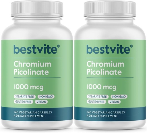 [BRSWGFDQO4NRU333] BESTVITE Chromium Picolinate 1000mcg (480 Вегетариански капсули) (240 x 2) - No Stearates - No Diphodium Phosphate - Vegen - Gluten Free - Non-GMO