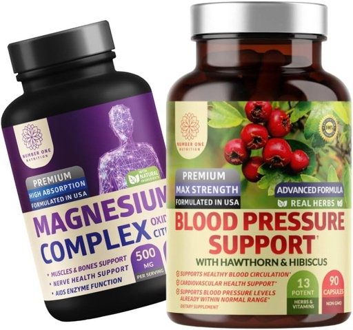 [BRSWYBL3CB6RG2T7] Number One Nutrition N1N Premium Blood Pressure Support [13 Potent Ingredients] with Hawthorn and Hibiscus, and Magnesium Complex [500mg High Absorption], 2 Pack Bundle