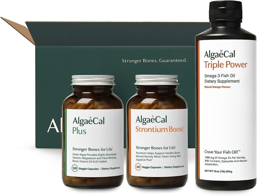 [BRSROEANOUIWKHTL] ALGAECAL Welcome Kit - Bone Builder Pack, Suplemento de cálcio baseado em plantas e estrôncio, 16 nutrientes para a saúde óssea + EPA & DHA Omega 3 óleo de peixe, Cérebro de apoio, coração, pele e ossos, Made in USA