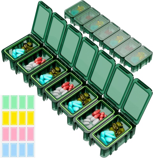 [BRSRAEATOQPAM23V] Restree Weekly Pill Organizer, 7 compartments Portable Pill Box One Time a Day, Moisture-Proof Travel Pill Case, Pill Storage Box for Vitamin, Medicine, Fish Oil/Supplements (Green)