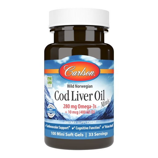 [BRSWIYILOAMWAFQ5] Carlson - Cod Liver Oil Minis, 280 mg Omega-3s + Vitamins A & D3, Heart Support & Cognitive Function, Vision Health, 100 Mini Softgels