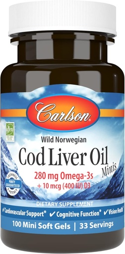 [BRSWIYILOAMWAFQ5] Carlson - Cod Liver Oil Minis, 280 mg Omega-3s + Vitamins A & D3, Heart Support & Cognitive Function, Vision Health, 100 Mini Softgels