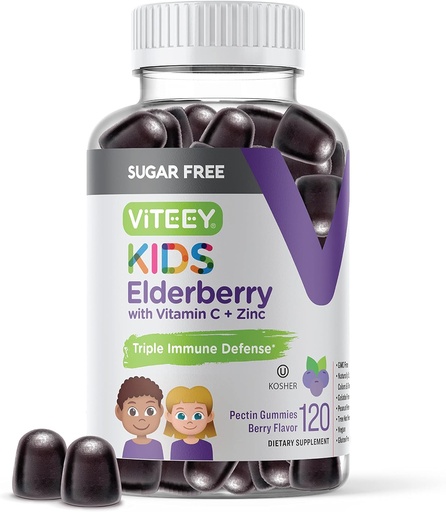 [BRSRMGT4A4AWM3AU] Viteey Sambucus Elderberry Gummies for Kids - Sugar Free - Immune Support Supplements with Vitamin C & Zinc, [3-1 Immune Booster] Vegan, Gelatin Free, Gluten Free - Tasty Chewable Berry Flavored