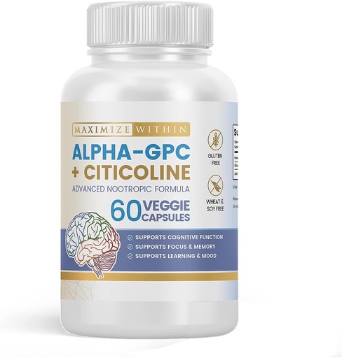[BRSRMZYQAUOR4HLU] Альфа GPC + Citicoline 60 Ct, 1600mg Концентрована формула- 99% + Високо очищені та біодоступні ноотропно-гнітивні підсилювачі, підтримує пам'ять, функції мозку, Boosts Focus, Mood & Energy