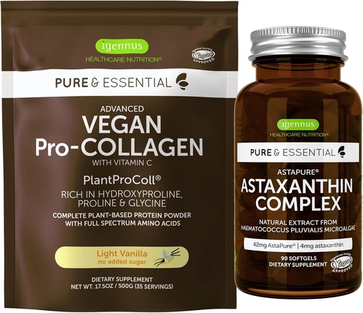 [BRSROFL6OZ7QE3DB] Vegan Vanilla Collagen Protein Powder + Astaxanthin Complex Vegan Bundle, Collagen Boosting Formula + Natural 4mg H. Pluvialis Astaxanthin for Hair, Skin & Nails, by Igennus