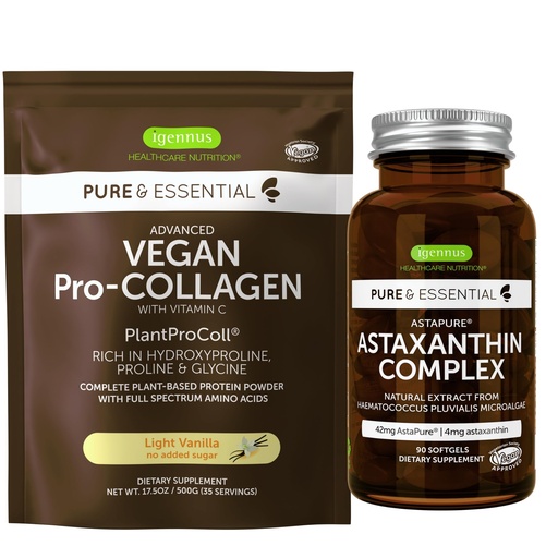 [BRSROFL6OZ7QE3DB] Vegan Vanilla Collagen Protein Powder + Astaxanthin Complex Vegan Bundle, Collagen Boosting Formula + Natural 4mg H. Pluvialis Astaxanthin for Hair, Skin & Nails, by Igennus