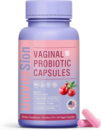 [BRSRAGAZPIBQ4335] UniVitaSion Vaginal Probiotics for Women pH Balance, Lactobacillus Prebiotic Complex, Cranberry Extract, D-Mannose for Protect Vaginal Health Flora, Vaginal Odor Control - 30 Billion CFU, 60 Capsules