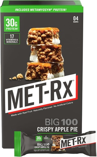 [BRSWGEI7BUFWEDI4] MET-Rx Big 100 Colossal Protein Bars, Crispy Apple Pie Meal Replacement Bars, 4 Count