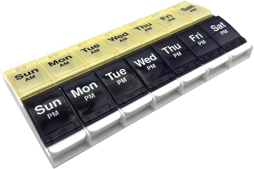 [BRSRAFIODENQYG3A] EZY DOSE Push Button (7-Day) Pill Case, Medicine Planner, Vitamin Organizer, 2 Times a Day, AM/PM Container, X-Large Compartments, Arthritis Friendly, Easy to Use, Clear Lids, Blue/Yellow, BPA Free