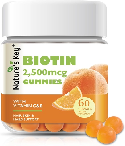 [BRSW2FADCQMQYDTU] Chicletes de biotina chave da natureza com vitamina C e E, apoiar o crescimento de unhas de cabelo & bela pele para mulheres homens e crianças, Vegan, laranja sabores 60 Conde