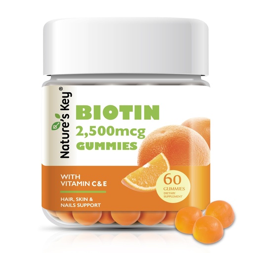 [BRSW2FADCQMQYDTU] Nature's Key Biotin Gummies with Vitamin C and E, Support Hair Nails Growth & Beautiful Skin for Women Men and Kids, Vegan, Orange Flavors 60 Count