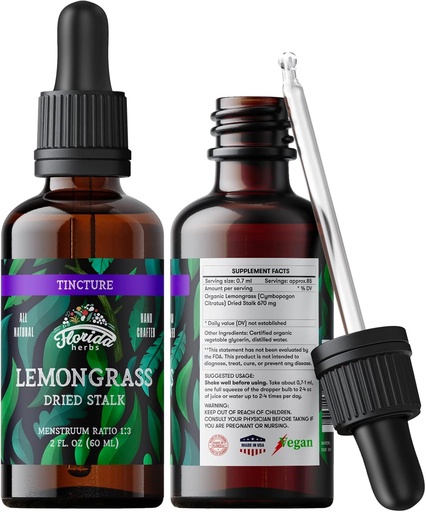 [BRSWGFIDBYBWCHTL] Lemongrass Tincture, Organic Lemongrass Extract (Cymbopogon Citratus) Herbal Supplement, Non-GMO in Cold-Pressed Organic Vegetable Glycerin, 700 mg, 2 oz (60 ml)