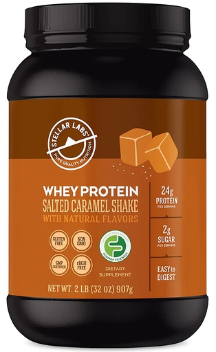 [BRSWGBTRAEBRGAL7] Stellar Labs Whey Protein Powder with BCAA's & Whey Isolate | Certified Low FODMAP, Non GMO, Gluten Free, Soy Free, Low Carb, Keto, with Stevia | All Natural Lean Post Workout Shakes | Salted Caramel