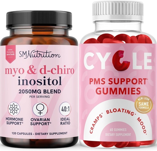 [BRSRAZYNBYOWYELK] SMNutrition PMS Support Gummies & Myo-Inositol " D-Chiro Inositol ANTE Hormona Balancing Bundle with 40:1 Ratio Inositol Supplement (30 Servings) and Herbal Cycle Support Gummies for Women (30 Servings)