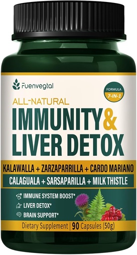 [BRSROBQYCUCGACLA] Jamaican Sarsaparilla Root Immunity & Liver Detox Cleanse Capsules, Skin Health & Immune Support Supplement with Kalawalla Milk Thistle. Zarzaparrilla y Cardo Mariano para el Higado Graso. 90 Caps