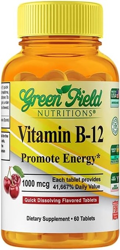 [BRSWYZQFCQGWA3L6] Greenfield Nutrition Halal Vitamín B12 1000mcg - Cherry Ochutené rýchle Absorpcia 60 Sublingválne B12 Tablety - Prírodné B12 Halal Vitamíny, podporuje mozog, zdravie krvných buniek a energetický metabolizmus
