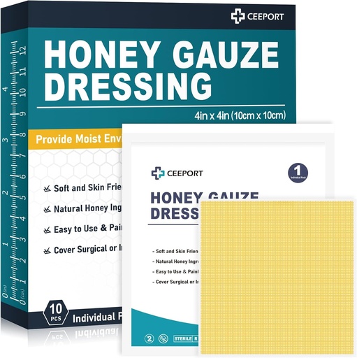 [BRSRMC3RAUFAO236] דבש Gauze Wound Dressing, 4 " x 4" Manuka Honey Wound Care, כיתה רפואית דבש Bandages for Wound Care, Honey Patch for Faster Healing from Burns, Abrasions, Cuts and Scalds (Pack of 10)