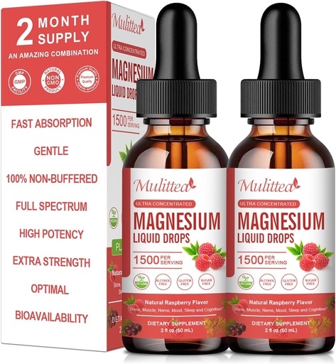 [BRSROGD3DECAGAA7] (2 Pack) Magnesium Glycinate Liquid Drops w/ 1500mg Magnesium Glycinate, Taurate, Malate, Citrate, Calcium Plus Potassium for Nerve, Bone, Heart Health & Energy Zzz -High Absorption-Raspberry Flavor