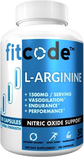 [BRSWGHAZCUNRMH3F] fitcode Pure Extra Strength L-Arginine HCl 1500mg, Nitric Oxide Supplement for Vascularity, Pumps, Endurance, Performance, Muscle Growth, Energy, Powerful N.O. Muscle Pump Capsules (50 Servings)