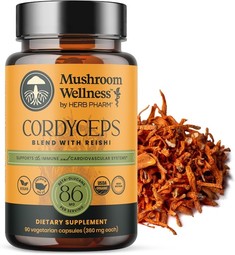 [BRSRAFI6A4NBYYLK] Mushroom Wellness Cordyceps Blend with Reishi: Органические капсулы кордицепса и гриба Рейши, добавка для порошка гриба, поддерживает иммунную систему и здоровую функцию мочи, 90 веганских капсул