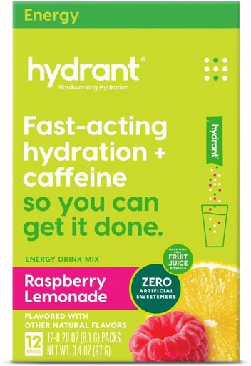 [BRSWYFI7O4NBY3LD] Hydrant - Energy Electrolyte Powder, Raspberry Lemonade Flavor, 12 Caffeine & L-Theanine Energy Rehydration Stick Packs - Low Sugar Energizing Powder for Daily Use
