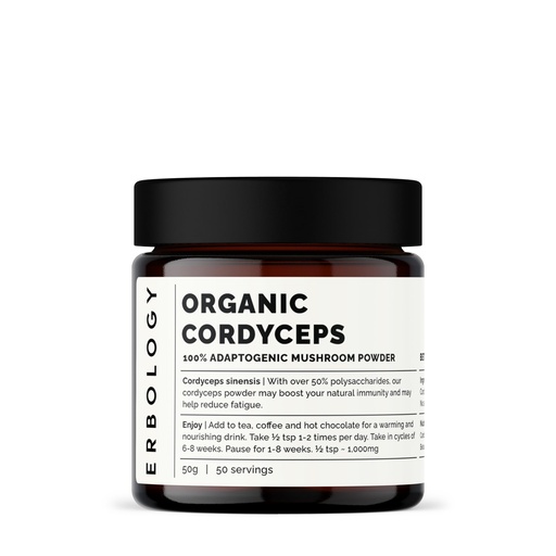 [BRSWYH3QAV6QK2TX] Erbology Organic Cordyceps Mushroom Powder 50 Servings - 48% Beta-glucans - Energy and Performance - Cordyceps Sinensis - Small Batch - Sustainably Grown in Europe - Vegan - Non-GMO - No Added Fillers