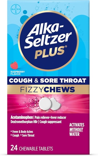 [BRSRAZIRBBYW2GYU] Alka- seltzer Plus Cough & Sore Throat Fizzy Chews, No Water Needed, On The Go Sore Throef for Dewasa, Raspberry Flavor, 24 Count