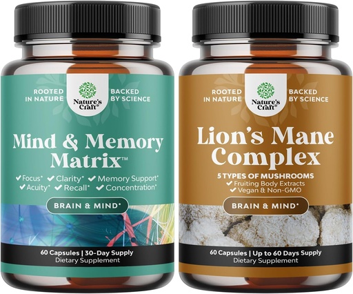 [BRSRMCADBYFBMHYY] Bundle של Advanced Nootropics המוח תמיכה תוסף עם Memory & Focus ויטמינים ו- Advanced Lion's Mane Mushroom תוספת עם Reishi, Chaga, Maitake & Shiitake for Memory Support & Focus