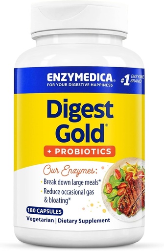 [BRSWIZQOOIFAEF36] Enzymedica Digest Gold + Probiotics, 2-in-1 Formula for Gut Health, Digestive Enzymes & Active Probiotic Cultures, 180 Count